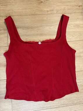 Aeropostale Red Ribbed Lace-Trim Crop Tank